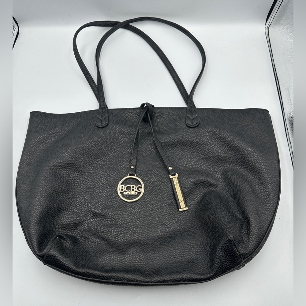 BCBG Paris Black Tote Bag Pebbled Faux Leather Reversible Purse